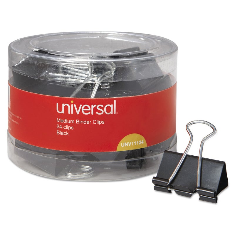 Universal - UNV11124 11124 Medium Binder Clips, 5/8-Inch Capacity, 1 1/4-Inch Wide, Black, 24/Pack - Image 1