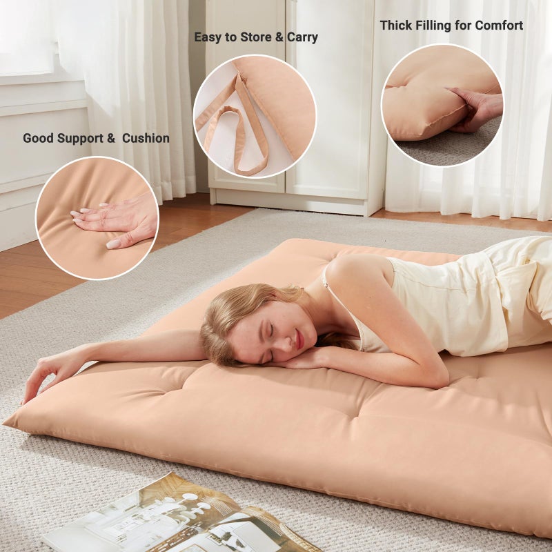 Mollydot Japanese Floor Futon Mattress Queen Size 60"x 80", Foldable Bed Mattress, Portable Tatami Mat Sleeping Pad, Folding Futon Cushion, Roll Up Floor Lounger for Guest Room Dormitory (Khaki) - Image 2
