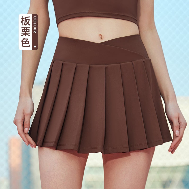 Generic Pleated Two-piece Yoga Skirt Anti-exposure Tennis with Pocket Chestnut 