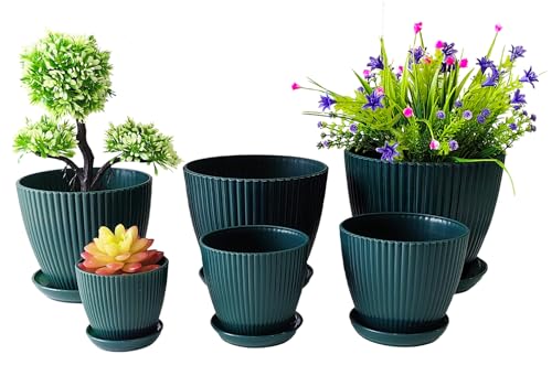 RooTrimmer 7.5/6.5/5.5/4.9/4.2/3.5 Inch Plant Pots with Saucers & Drain Holes - Indoor/Outdoor Flower Pots for Succulents, Herbs, Cactus - Modern Lightweight Durable Planter Set, Dark Green - Image 1