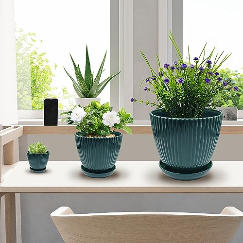 RooTrimmer 7.5/6.5/5.5/4.9/4.2/3.5 Inch Plant Pots with Saucers & Drain Holes - Indoor/Outdoor Flower Pots for Succulents, Herbs, Cactus - Modern Lightweight Durable Planter Set, Dark Green - Image 4