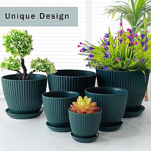RooTrimmer 7.5/6.5/5.5/4.9/4.2/3.5 Inch Plant Pots with Saucers & Drain Holes - Indoor/Outdoor Flower Pots for Succulents, Herbs, Cactus - Modern Lightweight Durable Planter Set, Dark Green - Image 3