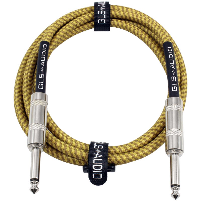 GLS Audio Instrument Cable - 1/4 Inch TS to 1/4 Inch Instrument Cable for Bass/Electric Guitar- Brown/Yellow Braided Tweed, 10ft - Image 1