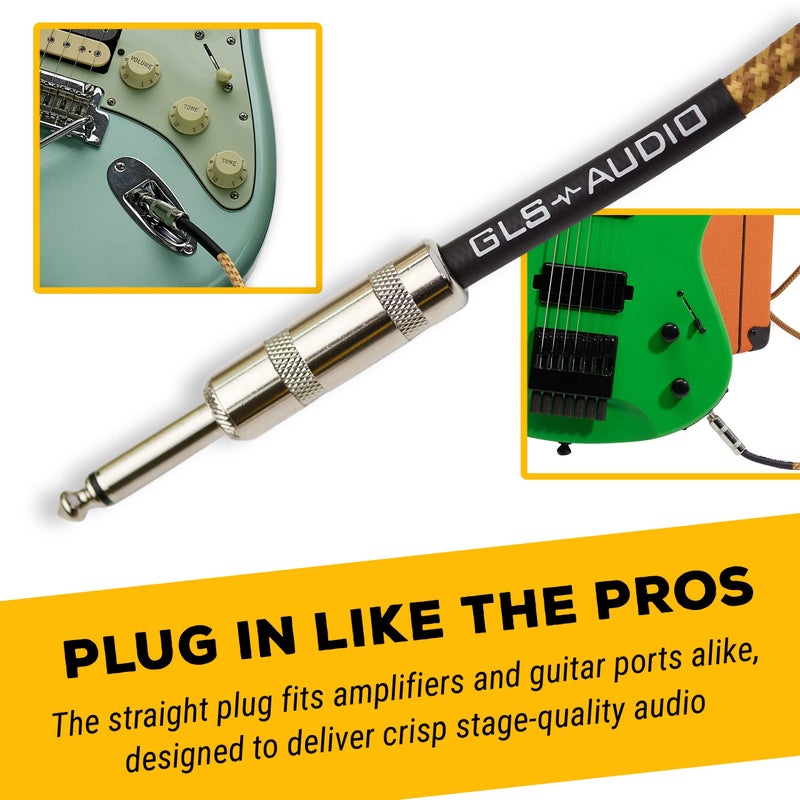 GLS Audio Instrument Cable - 1/4 Inch TS to 1/4 Inch Instrument Cable for Bass/Electric Guitar- Brown/Yellow Braided Tweed, 10ft - Image 2