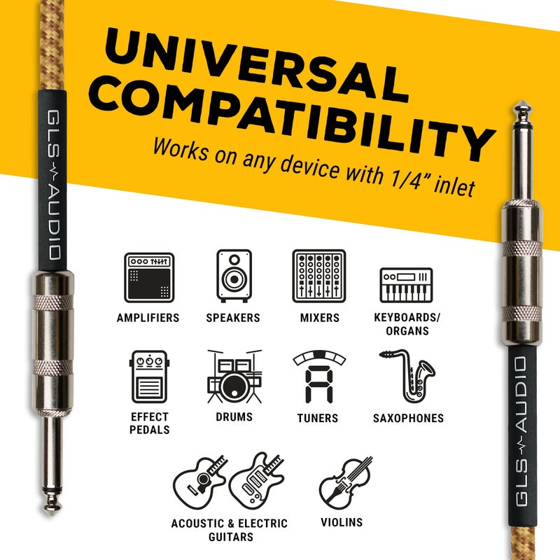 GLS Audio Instrument Cable - 1/4 Inch TS to 1/4 Inch Instrument Cable for Bass/Electric Guitar- Brown/Yellow Braided Tweed, 10ft - Image 3