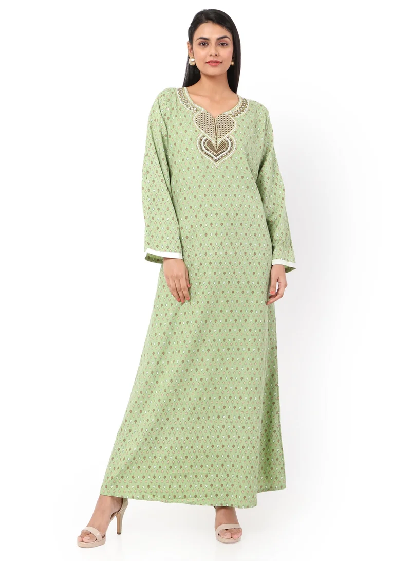 هانا آند سارا ELEGANT EMBROIDERED AND PRINTED GREEN COLOUR STYLISH ARABIC KAFTAN JALABIYA DRESS