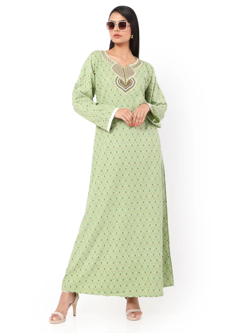 هانا آند سارا ELEGANT EMBROIDERED AND PRINTED GREEN COLOUR STYLISH ARABIC KAFTAN JALABIYA DRESS