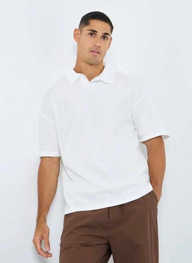 Styli Textured Relaxed Fit Polo with Open Collar