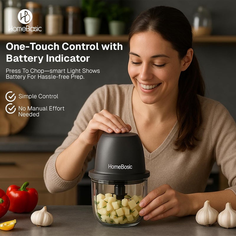 Home Basic 350 مل مفرمة كهربائية قابلة لإعادة الشحن | 6 شفرات من الفولاذ المقاوم للصدأ | عملية بلمسة واحدة | معالج طعام مدمج صغير للبصل والثوم والزنجبيل والخضروات واللحوم والمكسرات | شحن USB - Image 3