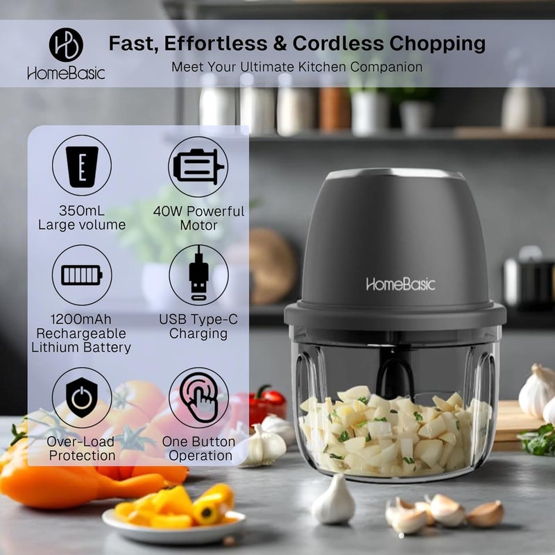 Home Basic 350 مل مفرمة كهربائية قابلة لإعادة الشحن | 6 شفرات من الفولاذ المقاوم للصدأ | عملية بلمسة واحدة | معالج طعام مدمج صغير للبصل والثوم والزنجبيل والخضروات واللحوم والمكسرات | شحن USB - Image 2