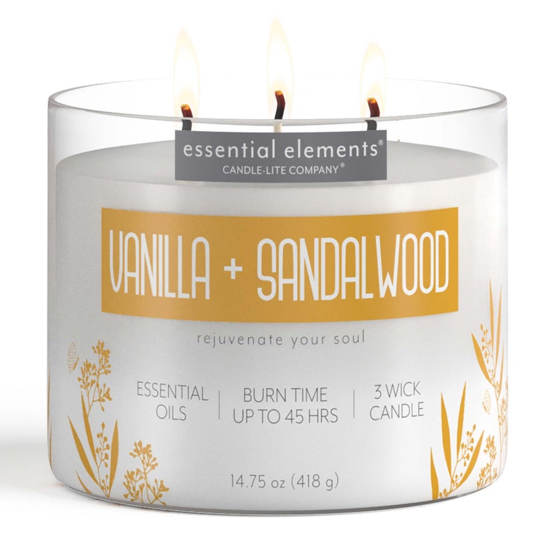 Essential Elements by Candlelite Scented Candles Vanilla  Sandalwood Fragrance One 1475 oz ThreeWick Aromatherapy Candle with 45 Hours of Burn Time OffWhite Color