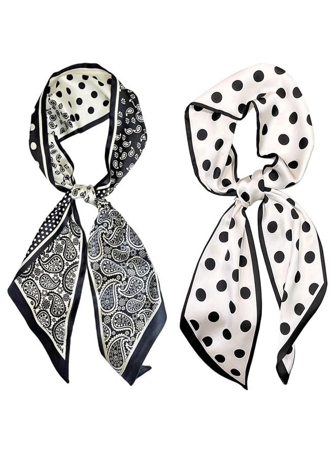 2PCS Hair Scarf for Women Silky Satin Headscarf Wrap Breathable Lightweight Neck Scarves For Sleeping Handbags Scarf 15×150cm White Black Wave Point - Image 1