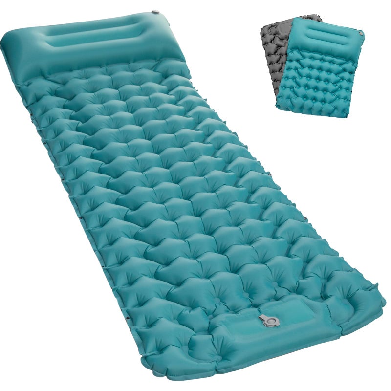 Seektain Inflating Sleeping Pad Mattress for Camping: Inflatable Camping Bed with Built-in Foot Pump for Tent - 4" Extra Thick Mat Air Cot for Floor - Blue - Image 1