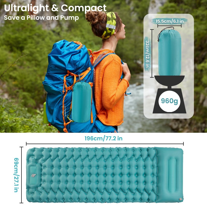 Seektain Inflating Sleeping Pad Mattress for Camping: Inflatable Camping Bed with Built-in Foot Pump for Tent - 4" Extra Thick Mat Air Cot for Floor - Blue - Image 2