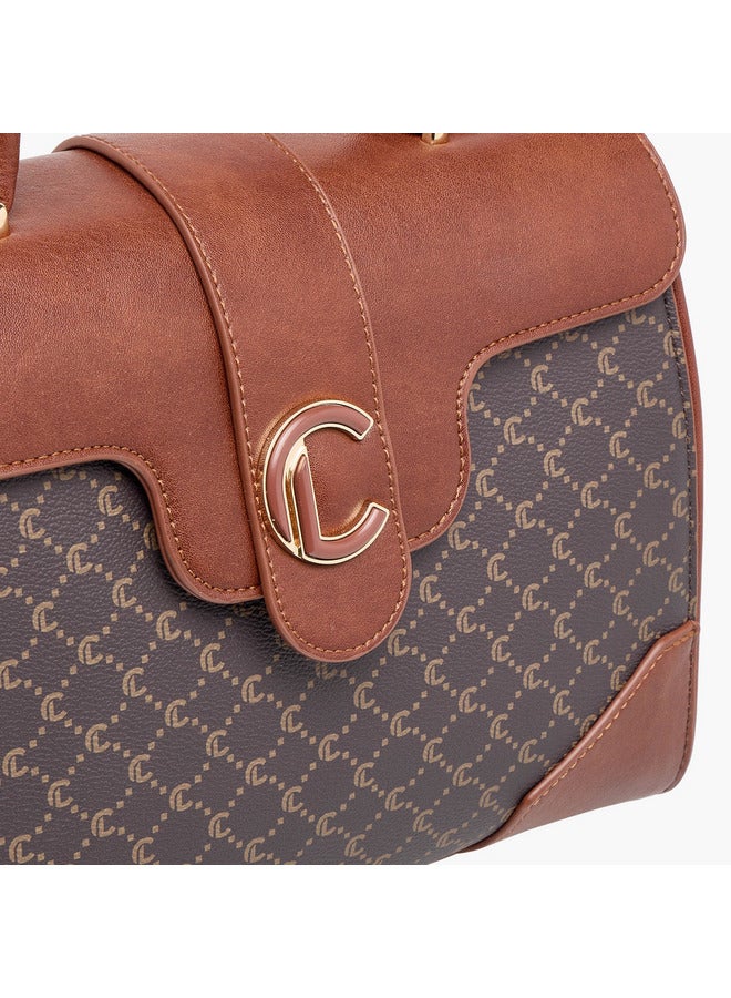 Le Confort Women Monogram Print Satchel Bag with Grab Handle and Button Closure  - Image 5
