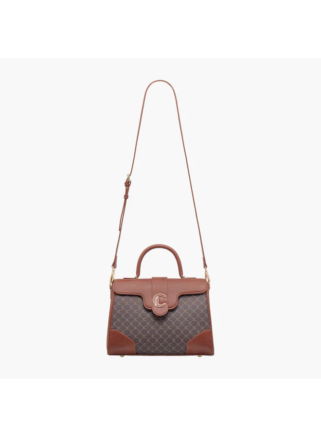 Le Confort Women Monogram Print Satchel Bag with Grab Handle and Button Closure