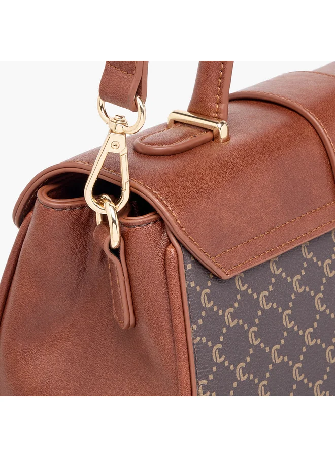 Le Confort Women Monogram Print Satchel Bag with Grab Handle and Button Closure