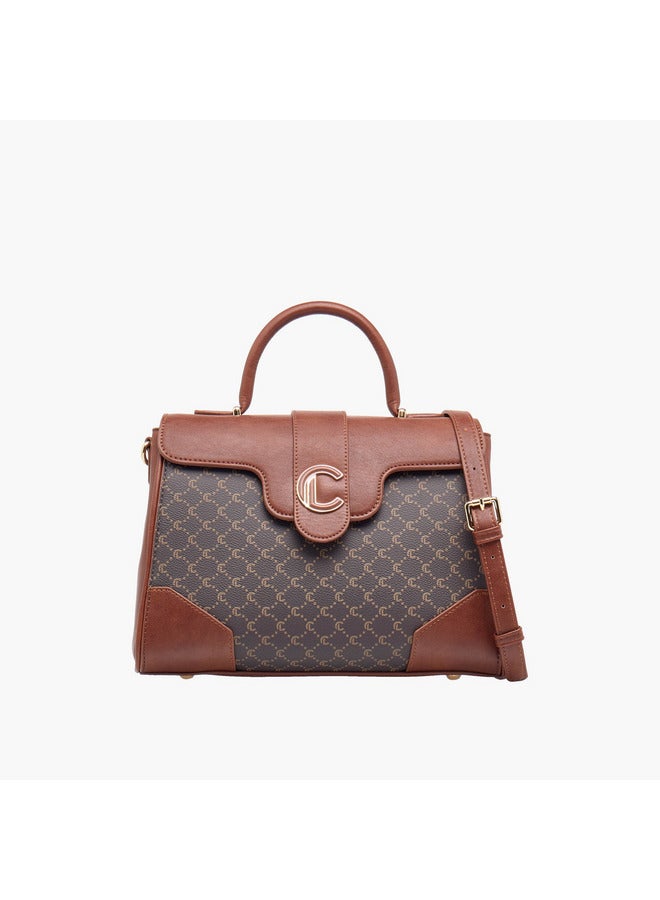 Le Confort Women Monogram Print Satchel Bag with Grab Handle and Button Closure  - Image 1