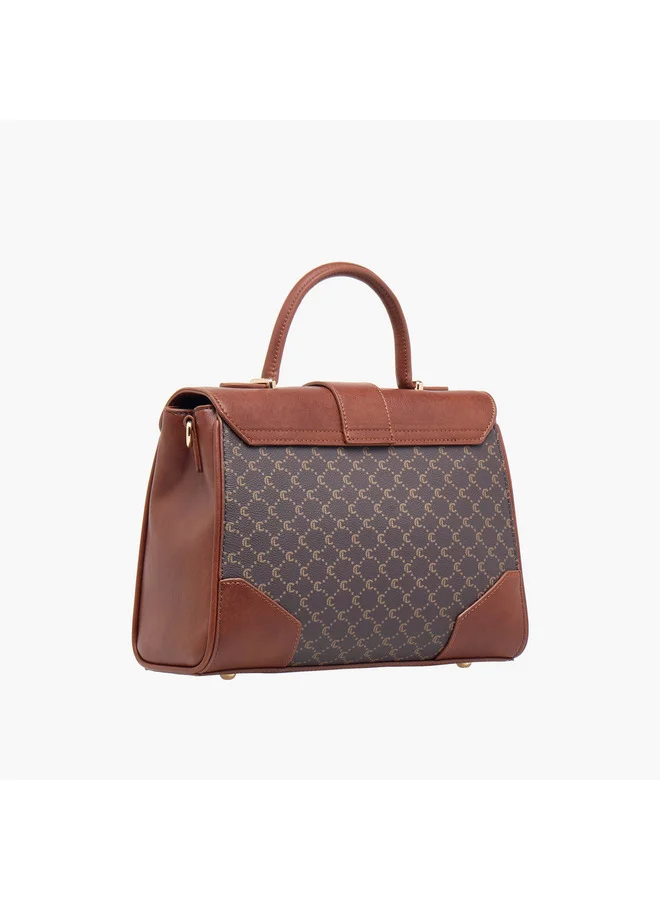 Le Confort Women Monogram Print Satchel Bag with Grab Handle and Button Closure