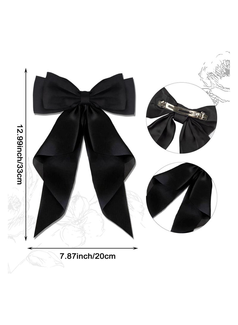 KHAJUL 2 PCS Big Bow Hair Clips with Long Silky Satin, Solid Color French Barrette, Simple Hair Fastener Accessories for Women Girls (Black) - Image 2