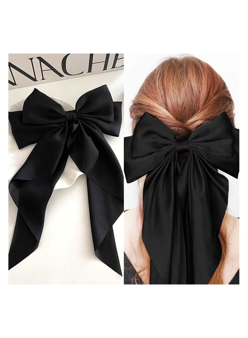 KHAJUL 2 PCS Big Bow Hair Clips with Long Silky Satin, Solid Color French Barrette, Simple Hair Fastener Accessories for Women Girls (Black) - Image 5