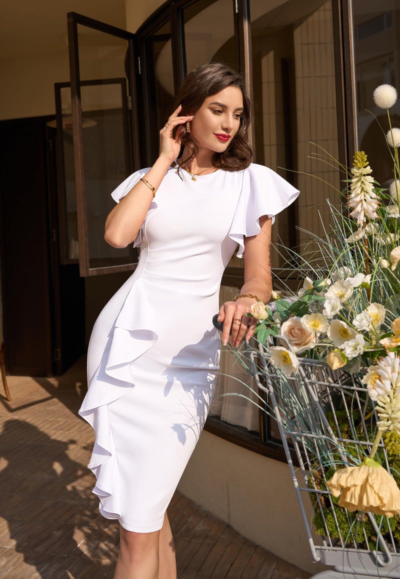 Memoriesea Women's Vintage Church Ruffle Sleeve Ruched Bodycon Work Midi Pencil Dress White - Image 4