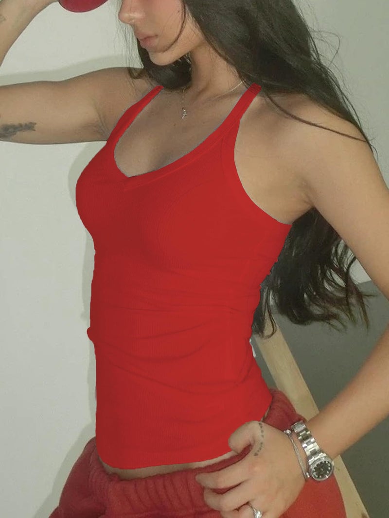 Danysu V Neck Racerback Built-in Bra Tank Tops for Women Trendy Cotton Ribbed Basic Halter Top Crimson Red S - Image 3