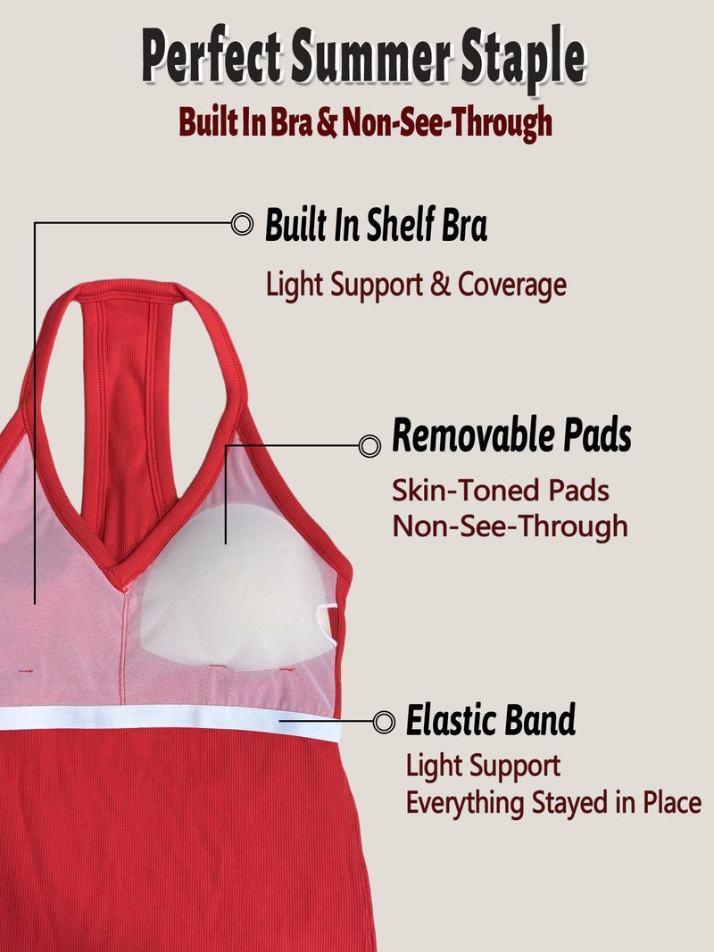 Danysu V Neck Racerback Built-in Bra Tank Tops for Women Trendy Cotton Ribbed Basic Halter Top Crimson Red S - Image 4