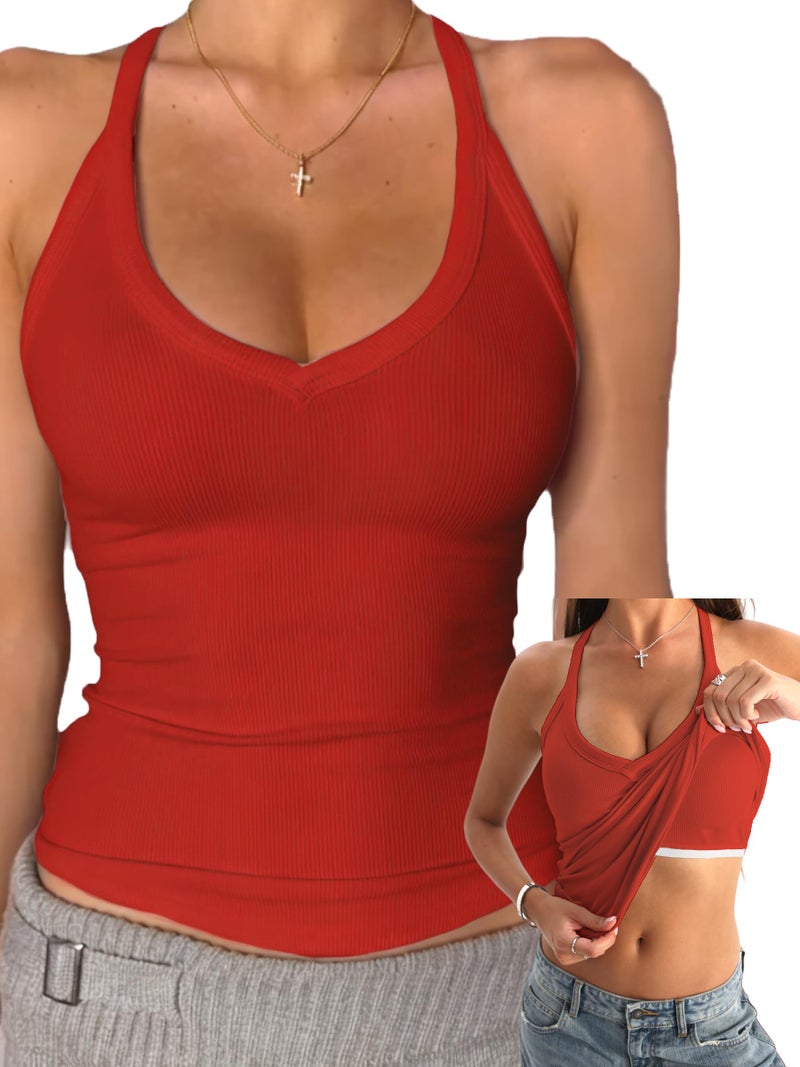 Danysu V Neck Racerback Built-in Bra Tank Tops for Women Trendy Cotton Ribbed Basic Halter Top Crimson Red S - Image 1