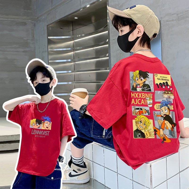 Boys' Short-sleeved T-shirt Pure Cotton Mid-large Children's Summer 2025 New Fashionable Brand Summer Boys White Half-sleeved Children's Wear - Image 1