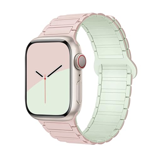 GUOi® Magnetic Silicone Watchband Compatible with Apple Watch Ultra 2＆Ultra 49mm 45mm 44mm 42mm 46mm-Men&Women Strap for iWatch Se10/9/8/7/6/5/4/3/2/1 SE 46/44/45/49/42mm(Series 3/2/1)-Pink+Softmint - Image 1