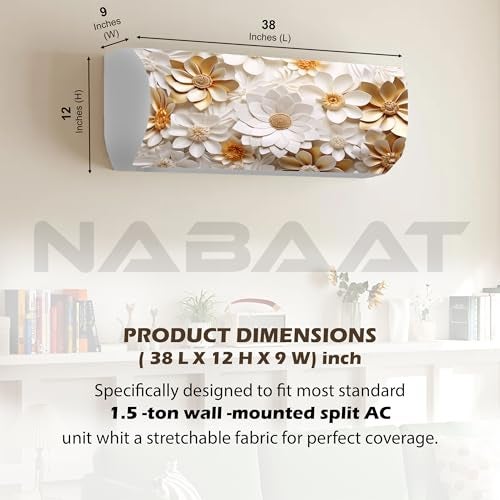NABAAT AC Cover for Split 1.5 Ton Indoor Printed Air Conditioning Wall Mounted Dust Cover Folding Designer (38”x 12”x 9”), Golden Flowers - Image 2