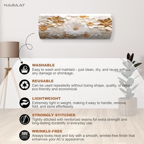 NABAAT AC Cover for Split 1.5 Ton Indoor Printed Air Conditioning Wall Mounted Dust Cover Folding Designer (38”x 12”x 9”), Golden Flowers - Image 4