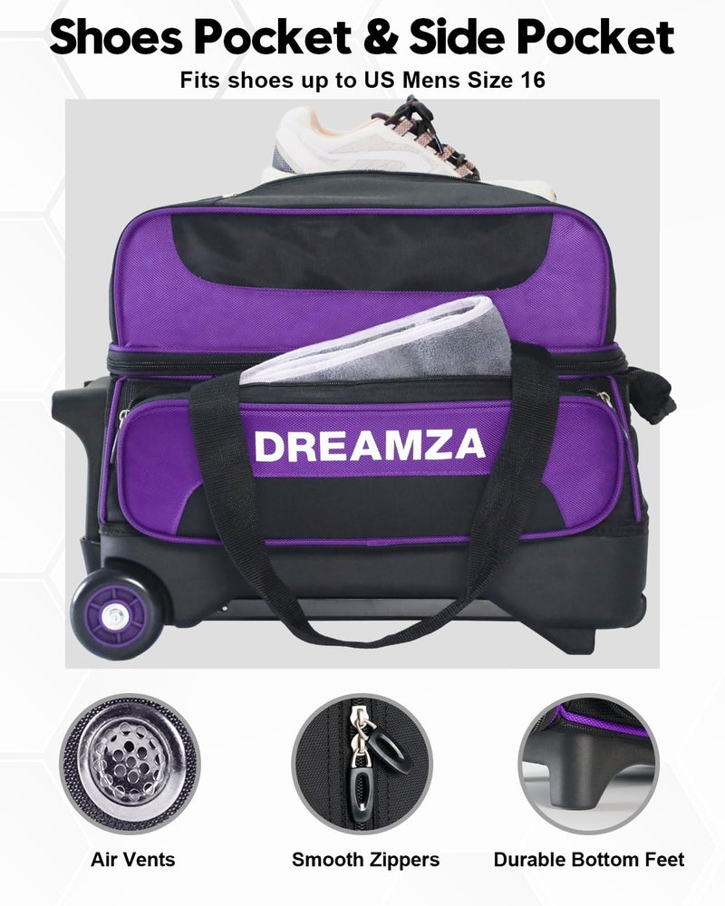DREAMZA 2 Ball Bowling Bag with Wheels, Double Bowling Ball Bag 2 Ball Roller w/Separate Compartment for Shoes Up to US Mens Size 16, w/Retractable Handle Extends to 40" & Accessories Pocket - Image 3
