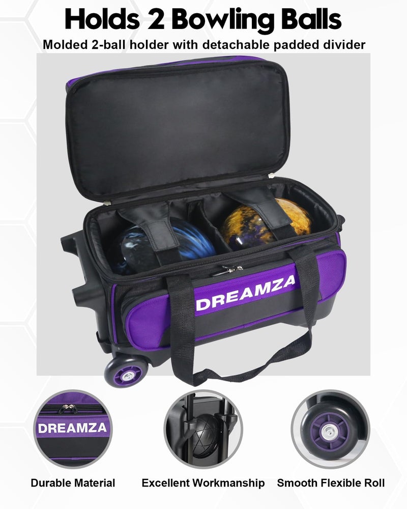 DREAMZA 2 Ball Bowling Bag with Wheels, Double Bowling Ball Bag 2 Ball Roller w/Separate Compartment for Shoes Up to US Mens Size 16, w/Retractable Handle Extends to 40" & Accessories Pocket - Image 2