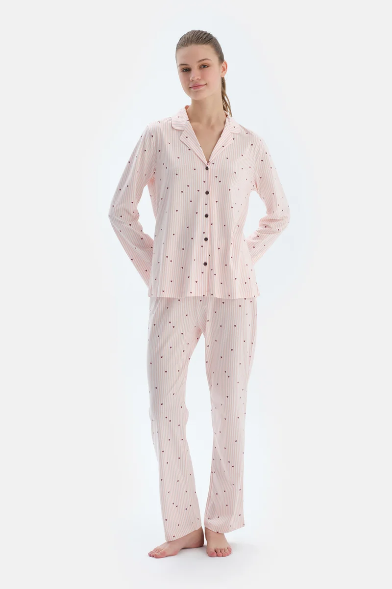 dagi Striped Shirt & Trousers Pajama Set Spread Collar Cotton Blend Mid Rise Regular/Classic Fit Sleepwear