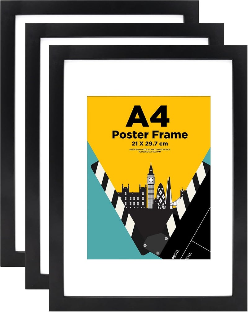 Egofine A4 Frames Black Set of 3 - Wooden A4 Picture Frames, A4 Photo Frames with A5 Mat, A4 Poster Frame with Plexiglass for Table Top and Wall Mounting - Image 1