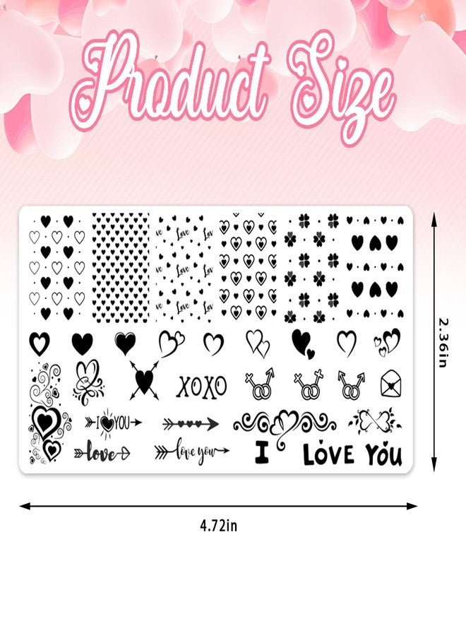 ALIBBON 6 Pcs Valentine's Day Nail Stamping Plates Set, Heart Bankground Nail Art Stamp Templates, Love Words Stamp Templates Kit, Valentines Metal Nail Plates for DIY Printing Decor 4.7×2.4" - Image 2