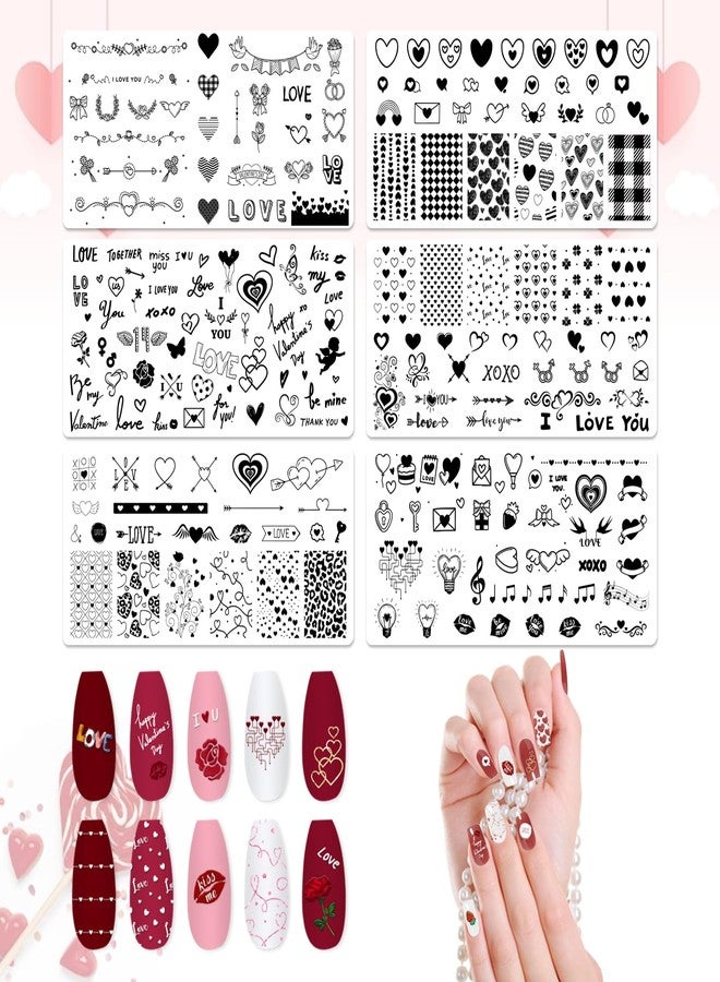 ALIBBON 6 Pcs Valentine's Day Nail Stamping Plates Set, Heart Bankground Nail Art Stamp Templates, Love Words Stamp Templates Kit, Valentines Metal Nail Plates for DIY Printing Decor 4.7×2.4" - Image 1