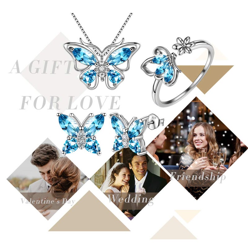 Aurora Tears Butterfly Jewelry Set,925 Sterling Silver Butterflies March-Aquamarine Birthstone Pendant Necklace/Earrings/Rings for Wedding Gif - Image 4
