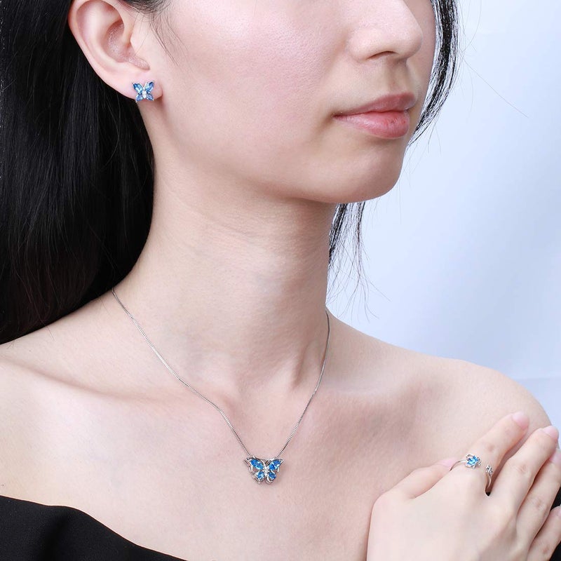 Aurora Tears Butterfly Jewelry Set,925 Sterling Silver Butterflies March-Aquamarine Birthstone Pendant Necklace/Earrings/Rings for Wedding Gif - Image 2
