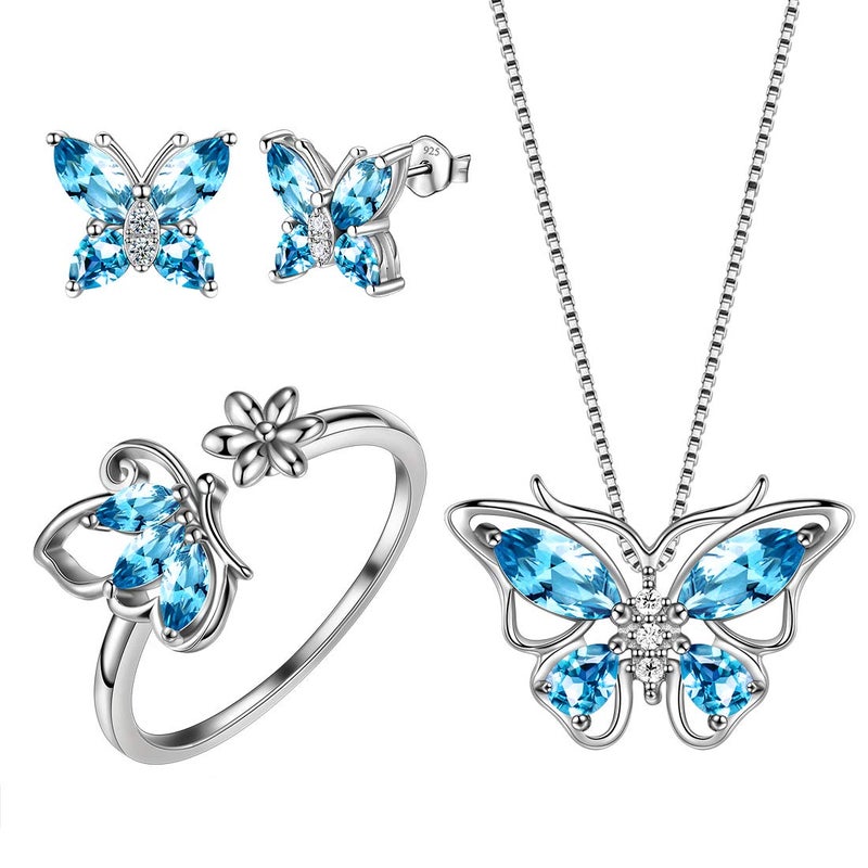Aurora Tears Butterfly Jewelry Set,925 Sterling Silver Butterflies March-Aquamarine Birthstone Pendant Necklace/Earrings/Rings for Wedding Gif - Image 1