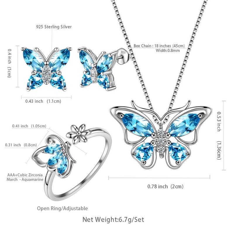 Aurora Tears Butterfly Jewelry Set,925 Sterling Silver Butterflies March-Aquamarine Birthstone Pendant Necklace/Earrings/Rings for Wedding Gif - Image 5