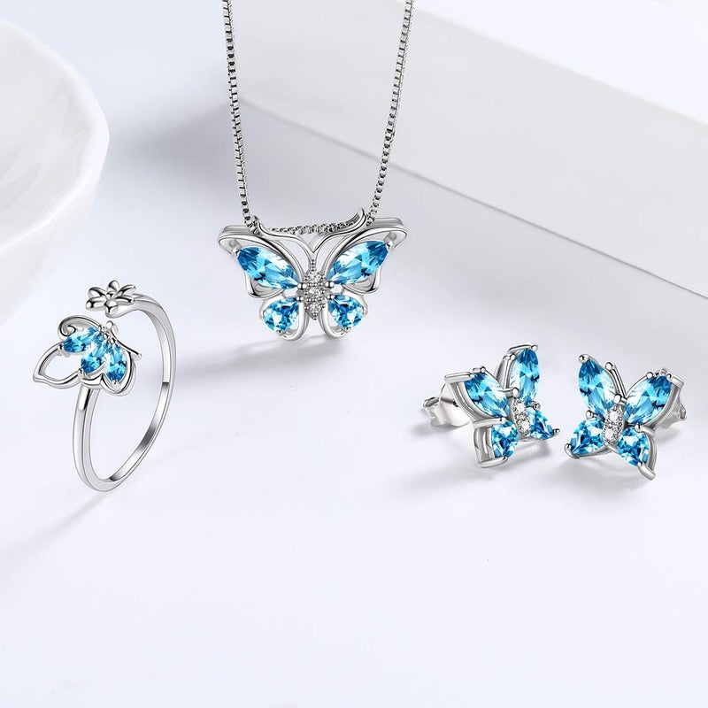 Aurora Tears Butterfly Jewelry Set,925 Sterling Silver Butterflies March-Aquamarine Birthstone Pendant Necklace/Earrings/Rings for Wedding Gif - Image 3