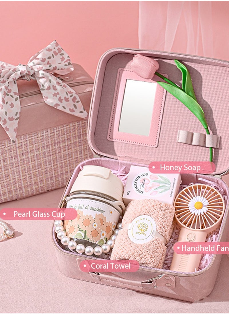 Generic ﻿Birthday gift for Ladies Handmaid of honor gift box makeup bag Wedding gift Bride Wedding Soap Pearl Handle Glass Bottle Handheld Fan Towel - Y22  - Image 1