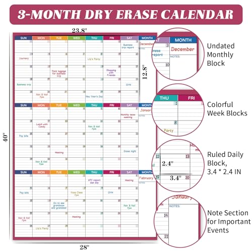 BooQool Large Dry Erase Calendar For Wall - Undated 3 Month Calendar, 28'' x 40'', Erasable & Reusable Laminated White Board With 8 Round Stickers, Vertical Layout For Home, Office And Classroom Use - Image 3