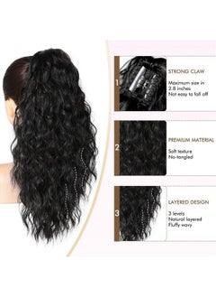 REECHO Ponytail Extension 18 Inch Claw Multi Layered Clip On Ponytail Extension For Women Long Curly Wavy Hair Extensions Natural Fluffy Synthetic Clip In Ponytail Hairpiece For Daily Use (Black)  - Image 4