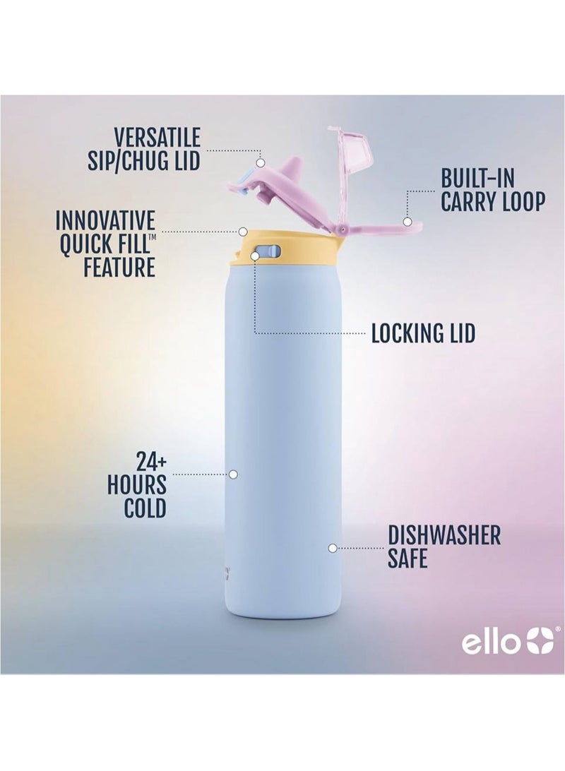 Ello Pop & Fill 22oz Stainless Steel Water Bottle with QuickFill Technology, Double Walled and Vacuum Insulated Metal, Leak Proof Locking Lid, Sip and Chug, Reusable, BPA Free - Image 2