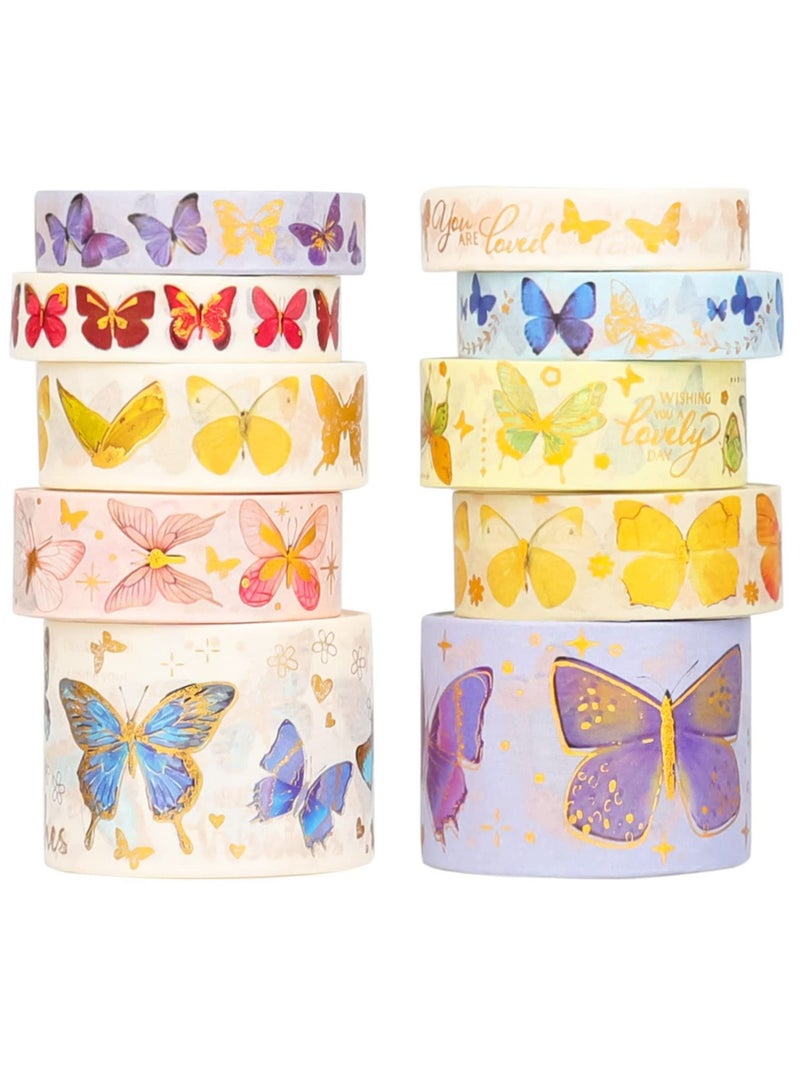 Y&D Colorful Butterfly Washi Tape, Gold Foil Art 5 Sizes Decorative Scrapbook DIY Decor and Craft Gift Wrap for Bullet Journal, Scrapbook, Kids Crafts (10 Rolls)  - Image 1