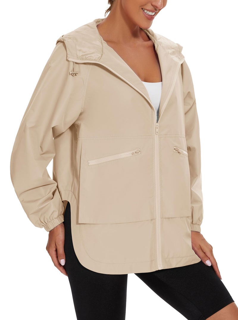 PESION Lightweight Rain Jacket Women Waterproof Raincoat Packable Hooded Windbreaker, Khaki, Large - Image 4